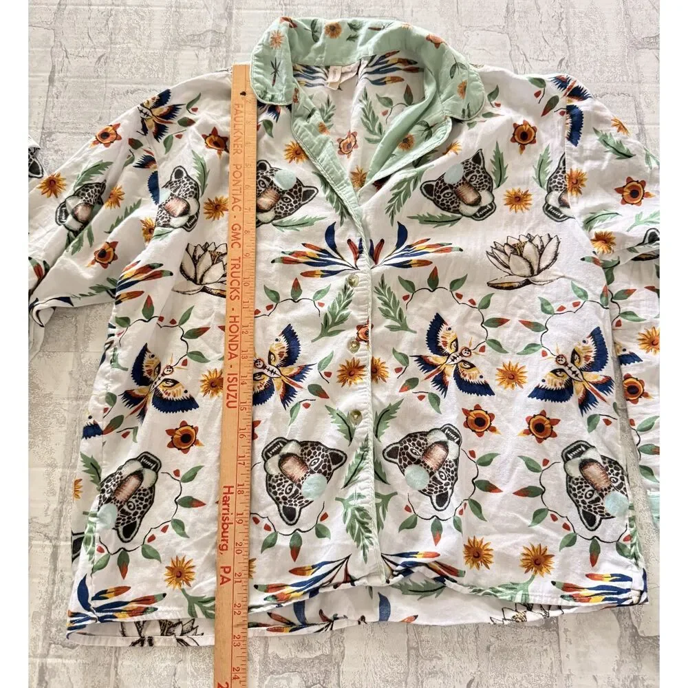 Anthro LyreBird Cotton Flannel Pajama Set Floral Animal Print Cottage Sleep XS